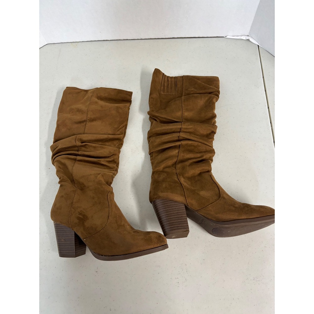 Qupid Tan Brown Faux Suede Slouchy Block Heel Mid-Calf Boots Womens Size 8‎